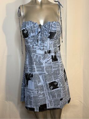 Fashion Nova Newspaper Print Tie-Shoulder Mini Dress - White/Black